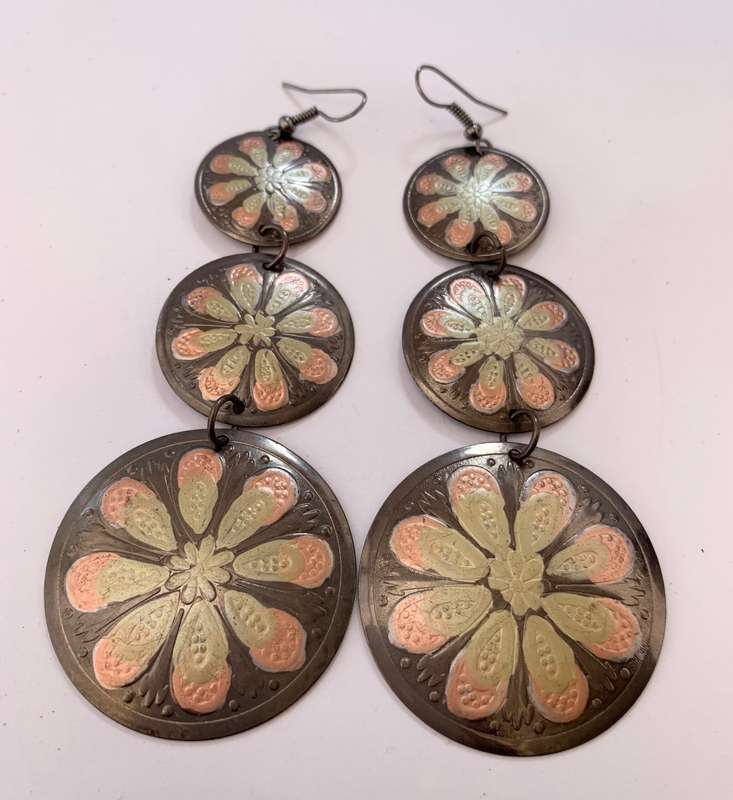 Earrings - Metal With 3 Dangling Circles in Differing Sizes. Flower Pattern Inside Each Circle #M...