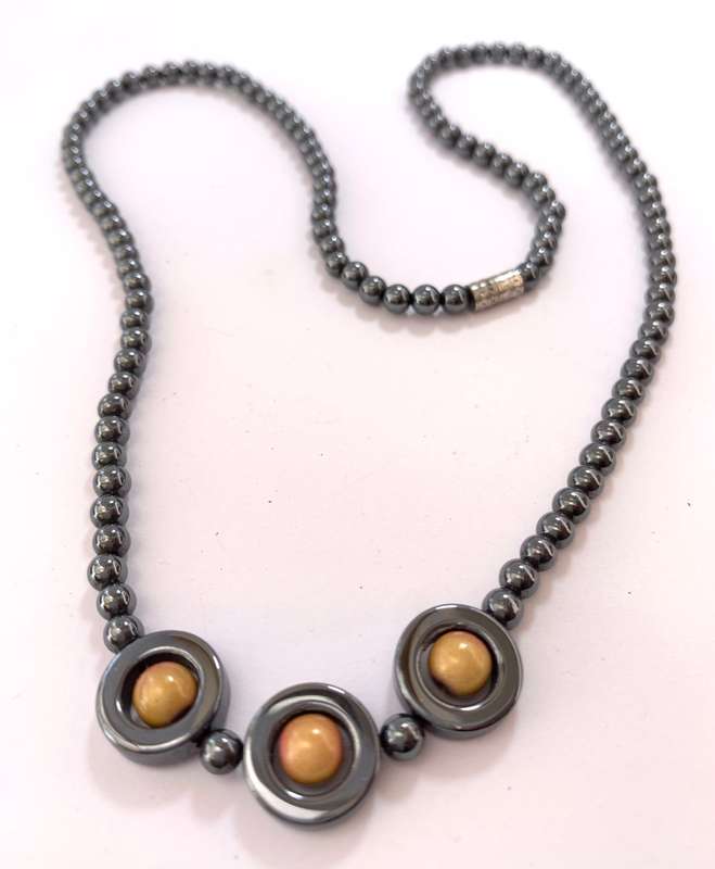 Necklace - Hematite Beads With 3 Larger Round Hematite Beads With Gold Colour Beads Inside #ML109...