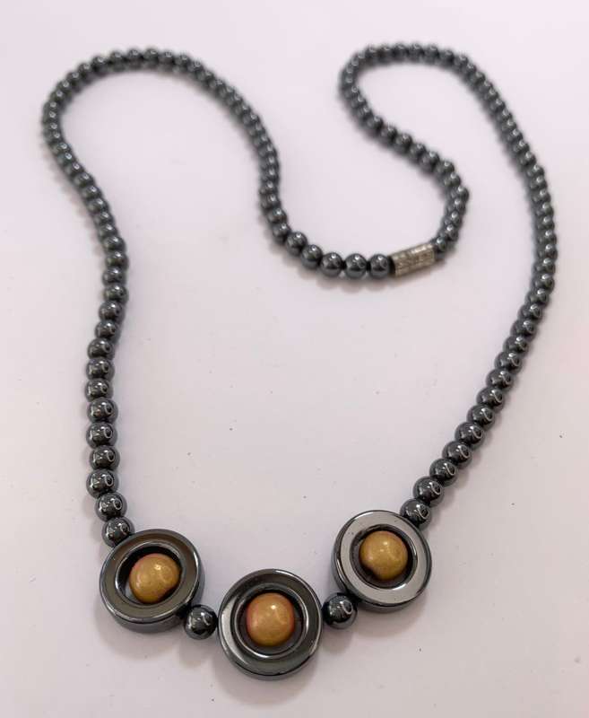 Necklace - Hematite Beads With 3 Larger Round Hematite Beads With Gold Colour Beads Inside #ML109...