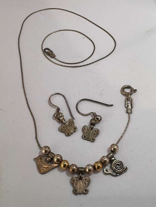 Set - Silver Gilt Chain With 3 Charms and Silver Gilt Butterfly Earrings On Shephards Hook. Brand...