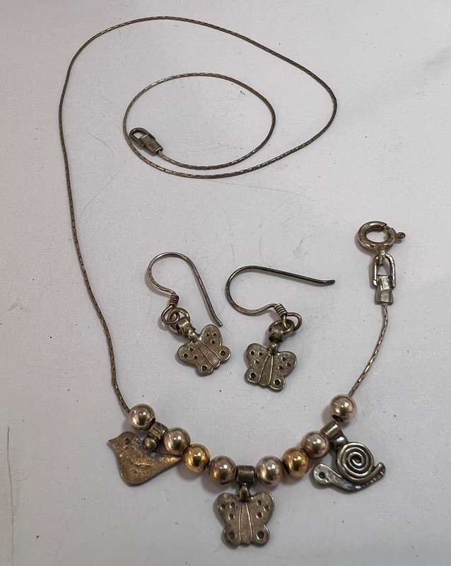 Set - Silver Gilt Chain With 3 Charms and Silver Gilt Butterfly Earrings On Shephards Hook. Brand...