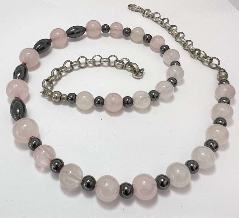 Necklace - Pale Pink, White and Dark Silver Colour Round Beads and Silver Colour Chain #ML1101 R1...