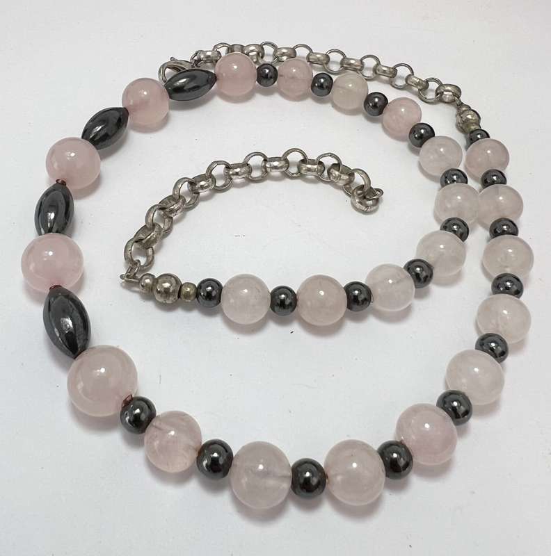 Necklace - Pale Pink, White and Dark Silver Colour Round Beads and Silver Colour Chain #ML1101 R1...