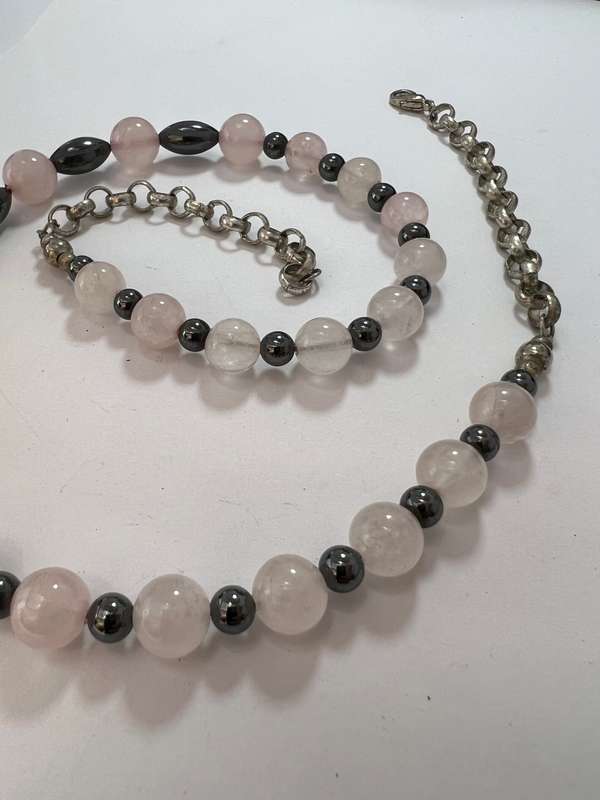 Necklace - Pale Pink, White and Dark Silver Colour Round Beads and Silver Colour Chain #ML1101 R1...