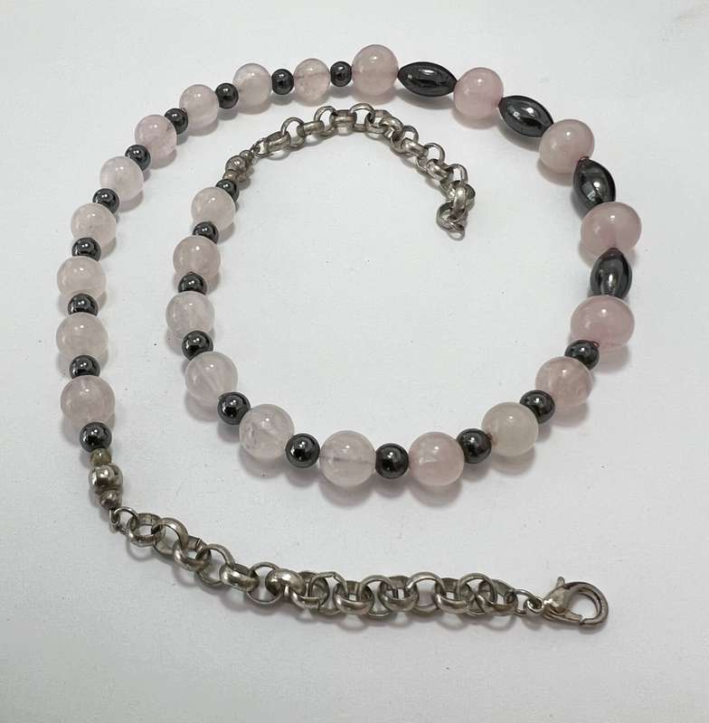 Necklace - Pale Pink, White and Dark Silver Colour Round Beads and Silver Colour Chain #ML1101 R1...