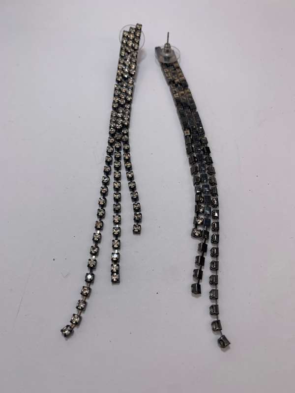 Earrings - Darker Silver Colour Metal With Lines of Diamante #ML1106 R295.00 | Dimensions: 133mm ...