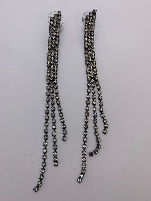 Earrings - Darker Silver Colour Metal With Lines of Diamante #ML1106 R295.00 | Dimensions: 133mm ...