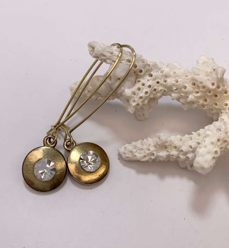 Earrings - Gold Colour Round Pendants With White Central Stone On Long Drop Hooks #ML1113 R180.00...