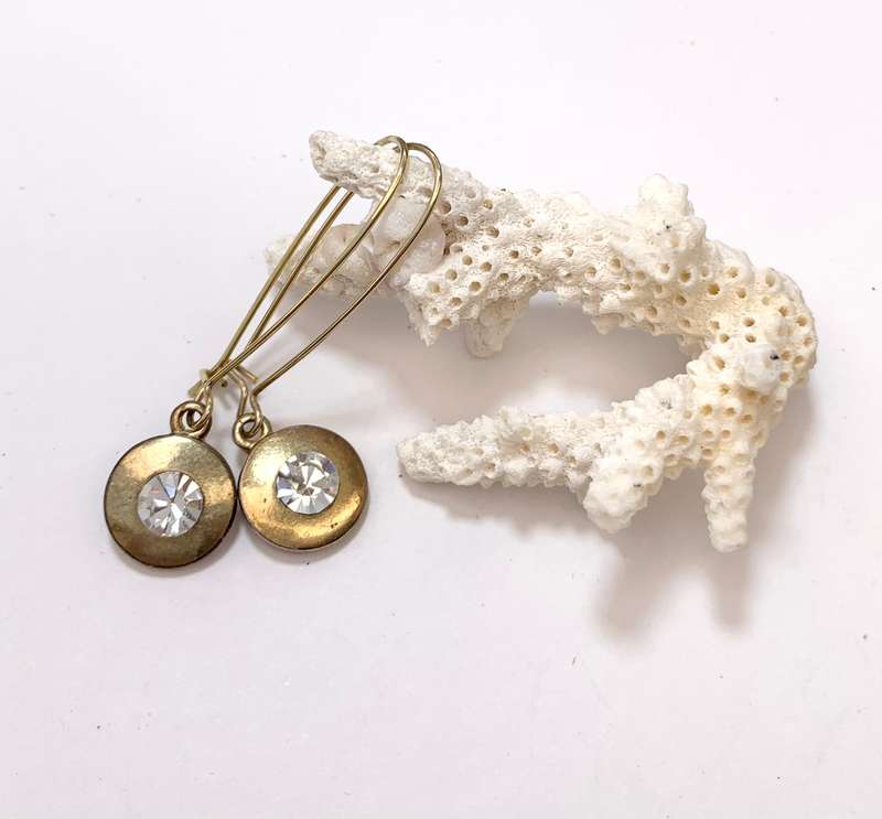 Earrings - Gold Colour Round Pendants With White Central Stone On Long Drop Hooks #ML1113 R180.00...
