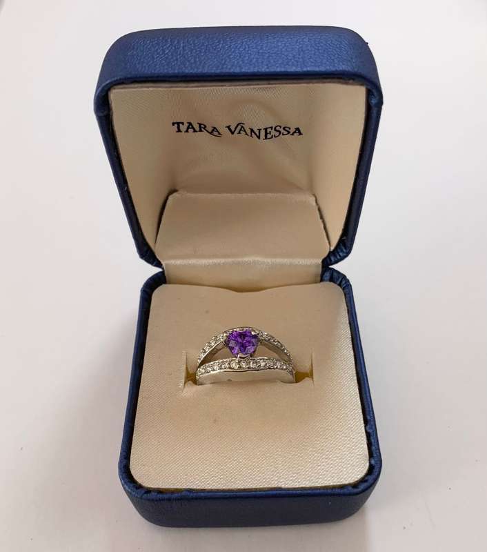 Ring - Purple Heart Stone Centre. Embedded Crystals. Branded 'Tara Vanessa'. Silver Colour #ML113...