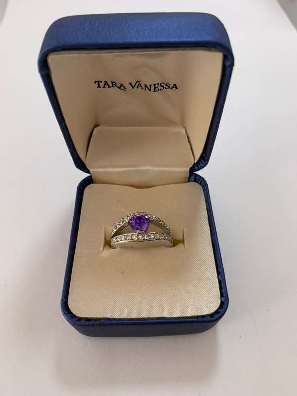 Ring - Purple Heart Stone Centre. Embedded Crystals. Branded 'Tara Vanessa'. Silver Colour #ML113...