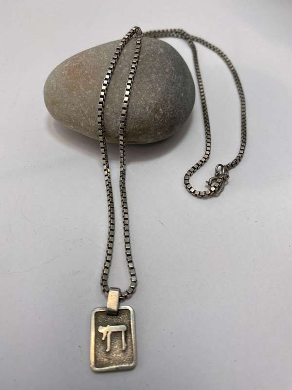 Pendant & Chain - Sterling Silver Box Chain with rectangular Pendant - outlined and raised Chai I...