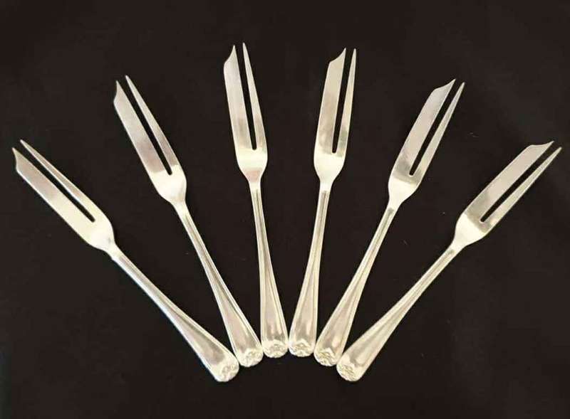 Set of 6 antique sterling silver cake/pastry forks. Original box. Double tined forks. Decorative ...