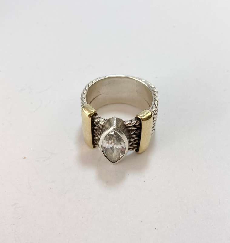 Ring - Heavy Silver Ring, Gold Bands Across Patterned Lines. Central Marquise White Stone #ML1173