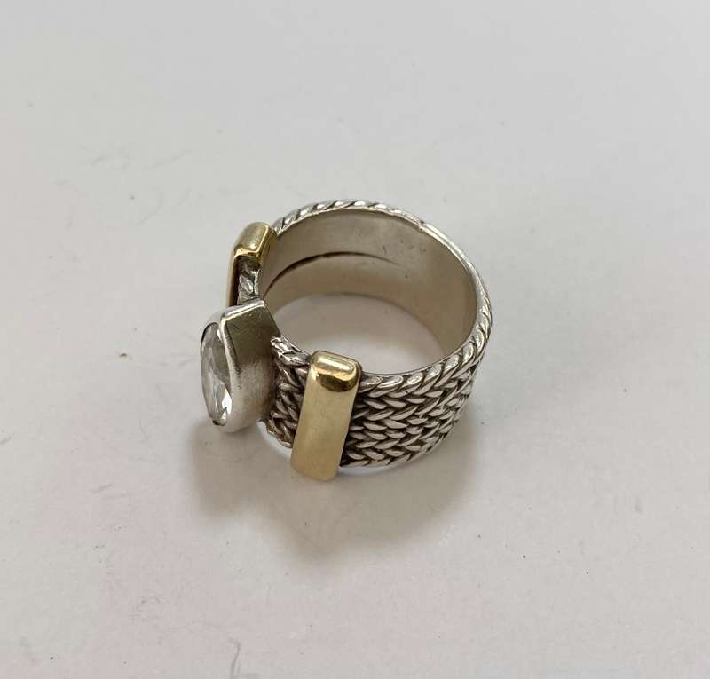 Ring - Heavy Silver Ring, Gold Bands Across Patterned Lines. Central Marquise White Stone #ML1173