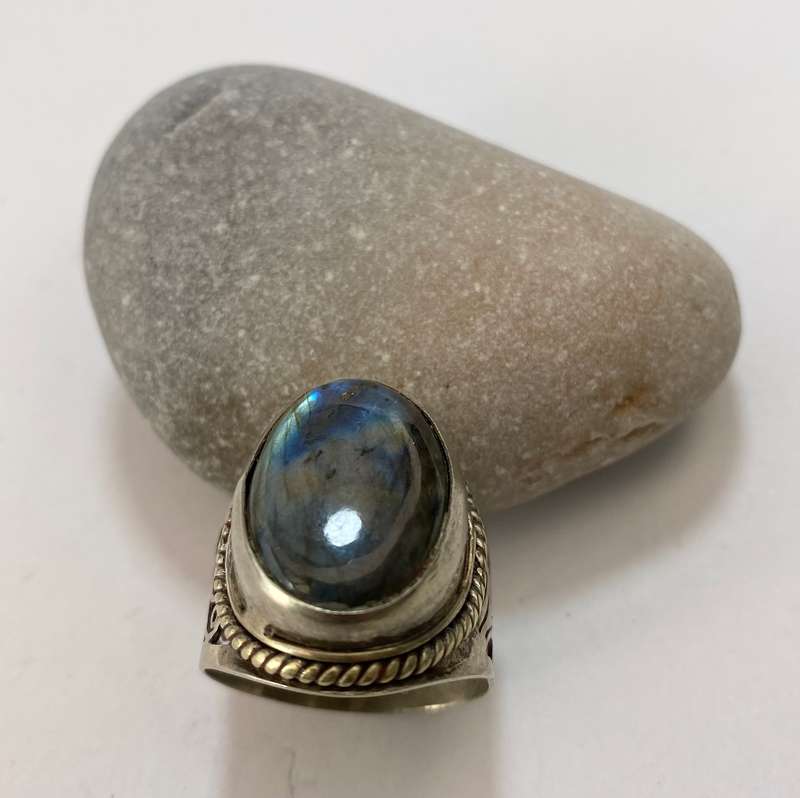 Ring - Large Wide Band Laboradite Stone. Silver Colour #ML1176 R495.00| Dimensions: Ring Size V ...