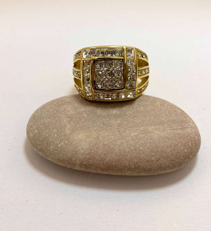 Ring - Fashion ring with diamante set in a square & stones down the sides. Gold Coloured #ML1194 ...