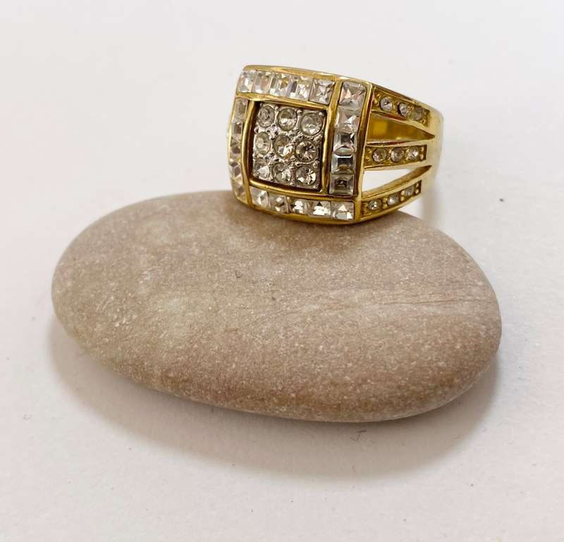 Ring - Fashion ring with diamante set in a square & stones down the sides. Gold Coloured #ML1194 ...