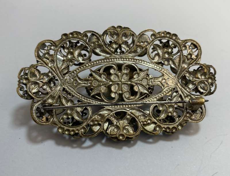 Brooch - Vintage Filigree With Dark and Light Stones #ML1208  | Dimensions: 73mm x 43mm