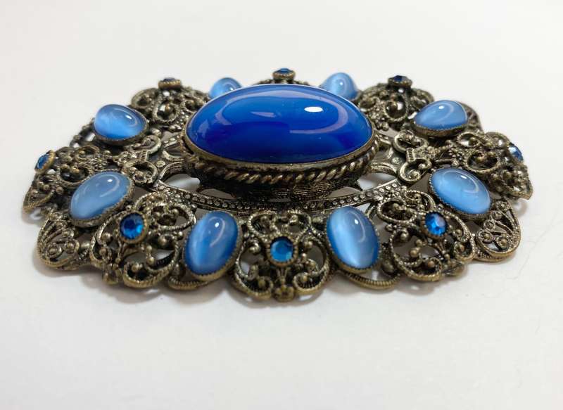 Brooch - Vintage Filigree With Dark and Light Stones #ML1208  | Dimensions: 73mm x 43mm