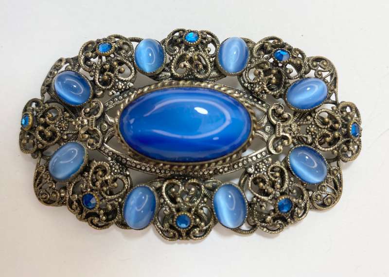 Brooch - Vintage Filigree With Dark and Light Stones #ML1208  | Dimensions: 73mm x 43mm