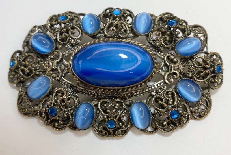 Brooch - Vintage Filigree With Dark and Light Stones #ML1208  | Dimensions: 73mm x 43mm