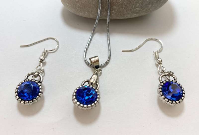 Set - 18k White Gold Plated Set of Earrings and Necklace With Synthetic Blue Sapphires #ML1230 R6...
