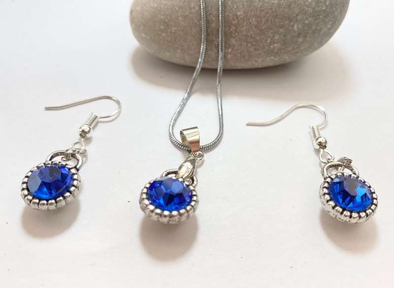 Set - 18k White Gold Plated Set of Earrings and Necklace With Synthetic Blue Sapphires #ML1230 R6...
