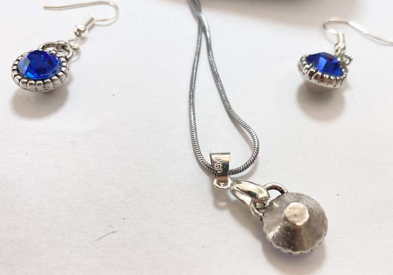 Set - 18k White Gold Plated Set of Earrings and Necklace With Synthetic Blue Sapphires #ML1230 R6...