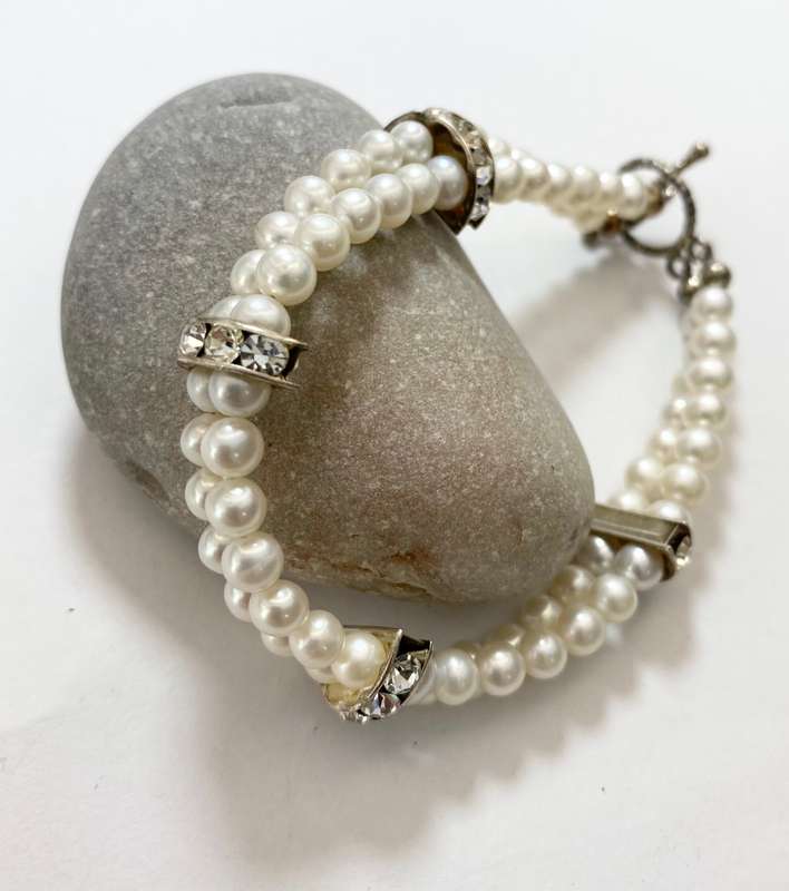 Bracelet - Double Strand Freshwater Pearls With Separated By White Diamante. Silver Colour Clasp ...