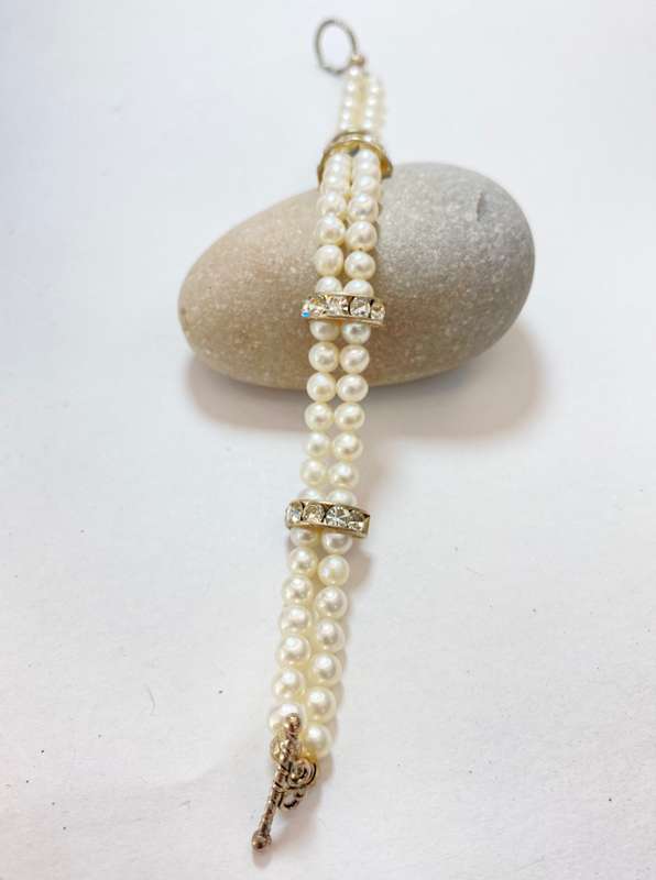 Bracelet - Double Strand Freshwater Pearls With Separated By White Diamante. Silver Colour Clasp ...
