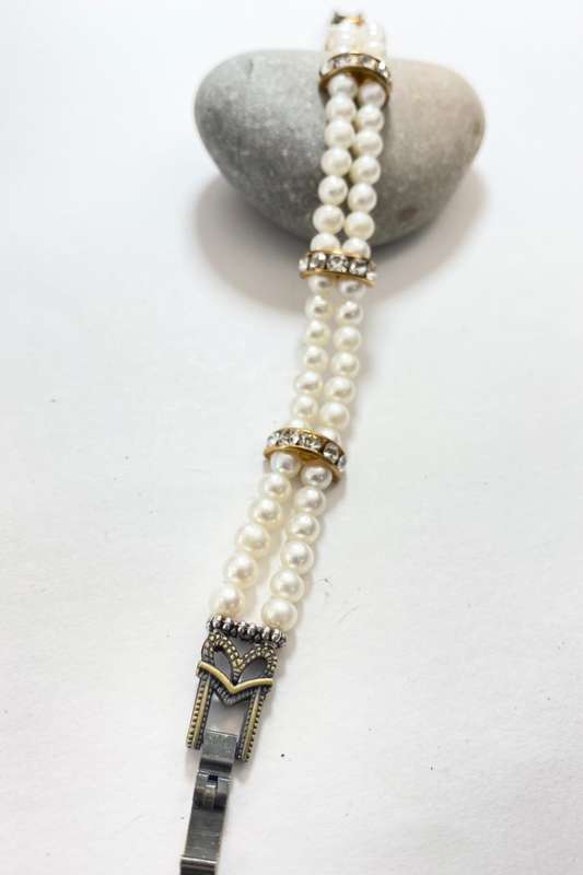 Bracelet - Double Strand Freshwater Pearls With Separated By White Diamante. Silver Colour Clasp ...
