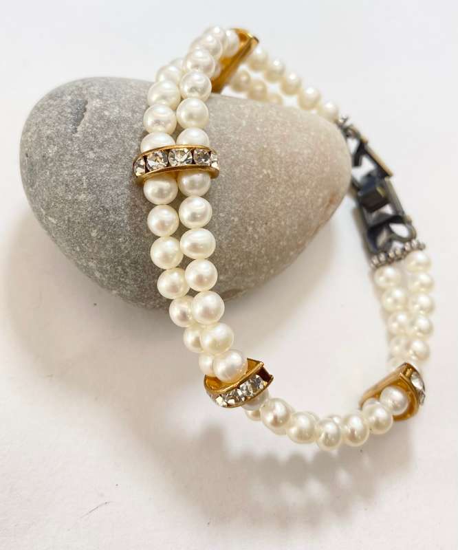 Bracelet - Double Strand Freshwater Pearls With Separated By White Diamante. Silver Colour Clasp ...
