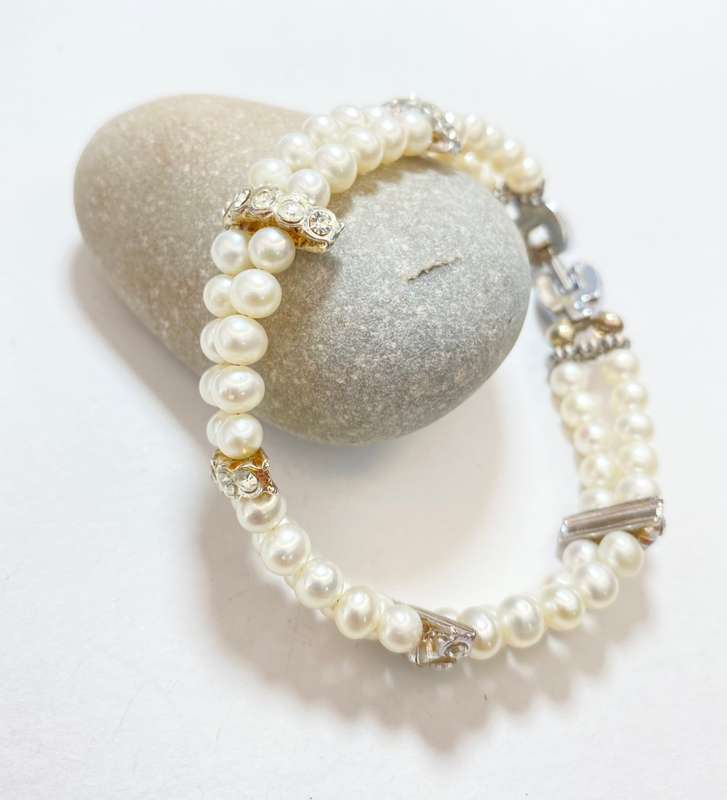 Bracelet - Double Strand Freshwater Pearls With Separated By White Diamante On Gold Colour Bands ...