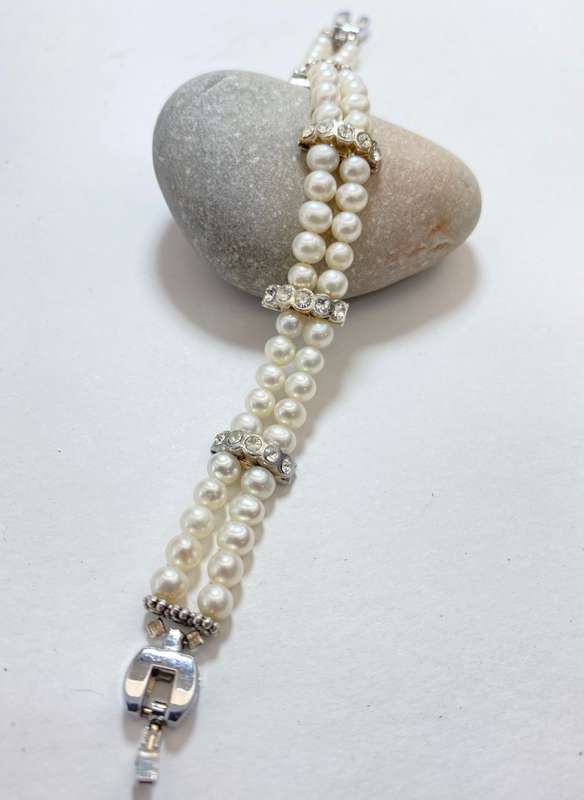 Bracelet - Double Strand Freshwater Pearls With Separated By White Diamante On Gold Colour Bands ...