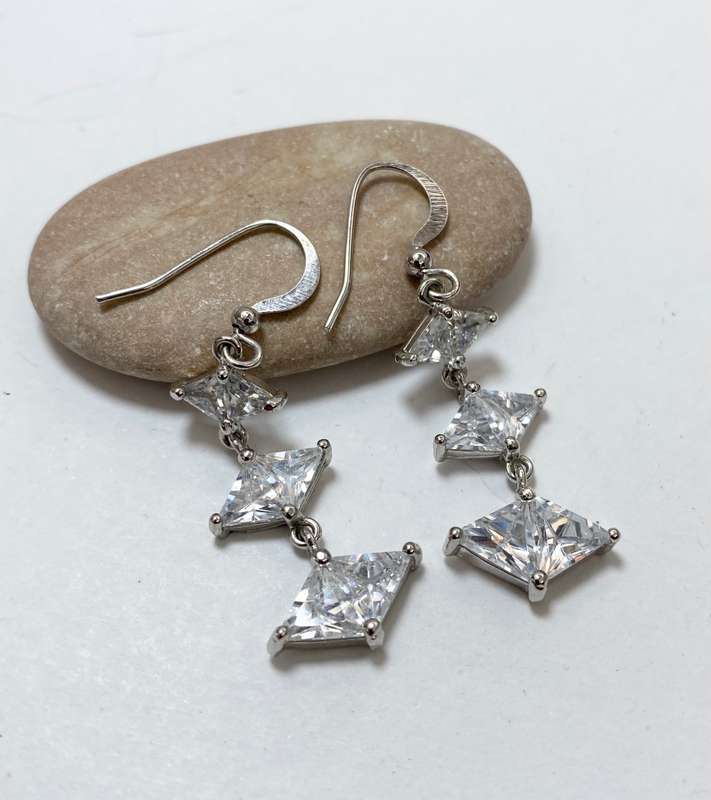 Earrings - Triple Diamond Shaped Diamante Drops. Silver Colour#ML1252 R395.00 | Dimensions: 42mm L