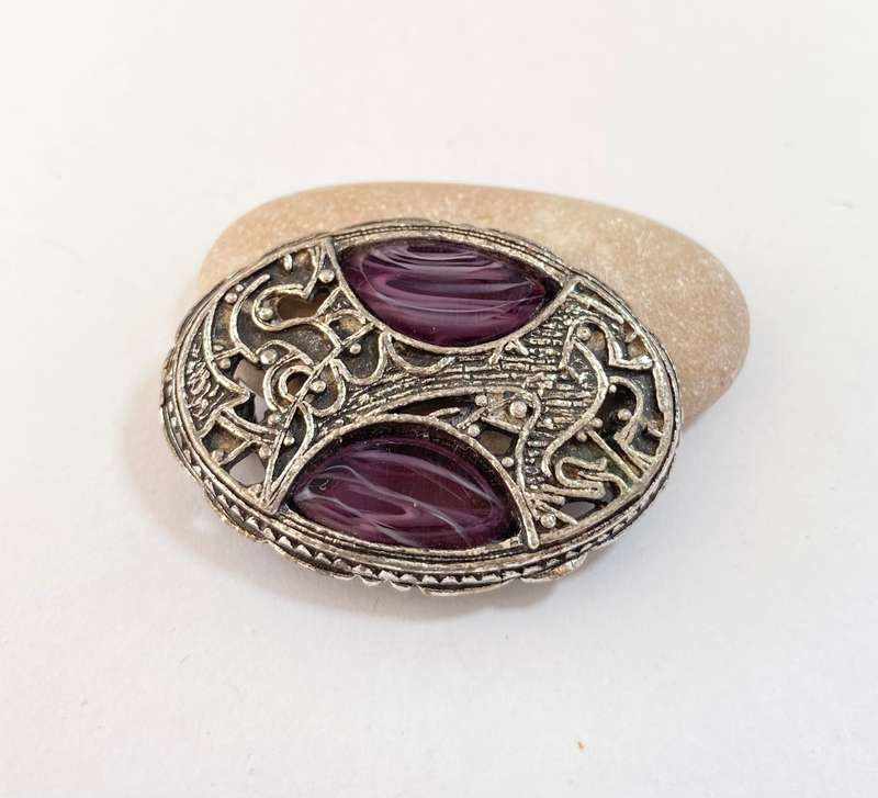 Brooch - Purple agate Stone & Detail. Silver Colour