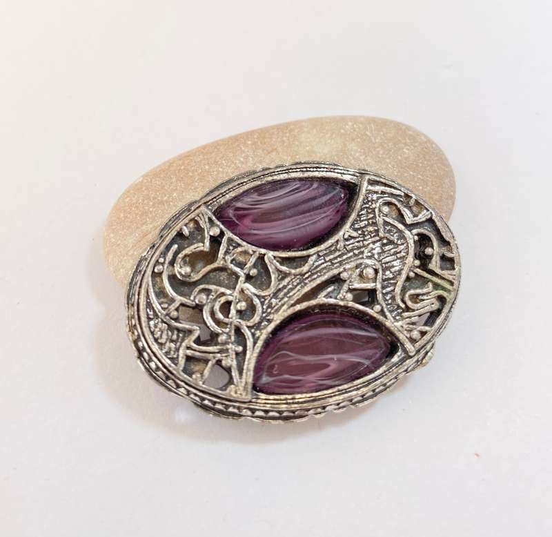 Brooch - Purple agate Stone & Detail. Silver Colour