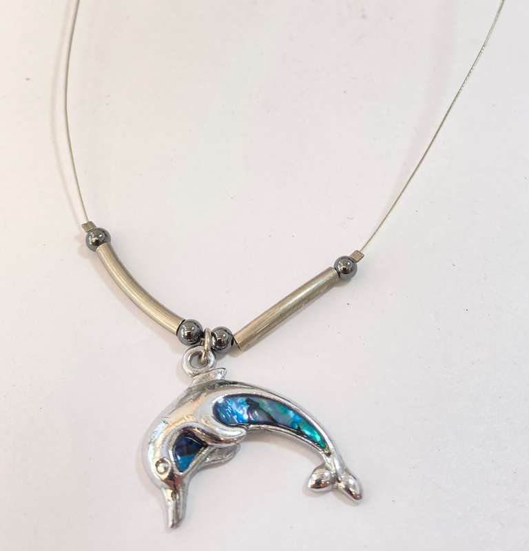 Necklace - Dolphin Pendant With Green, Blue Opal Inlaid, Hematite Beads On Chain. Silver Colour
