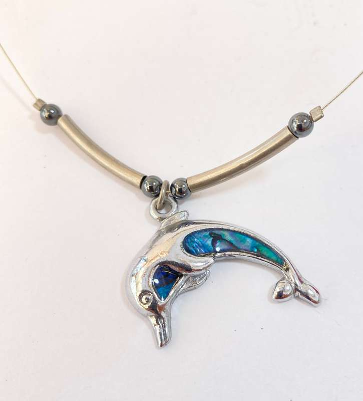 Necklace - Dolphin Pendant With Green, Blue Opal Inlaid, Hematite Beads On Chain. Silver Colour
