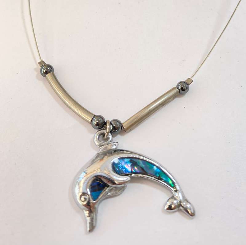 Necklace - Dolphin Pendant With Green, Blue Opal Inlaid, Hematite Beads On Chain. Silver Colour