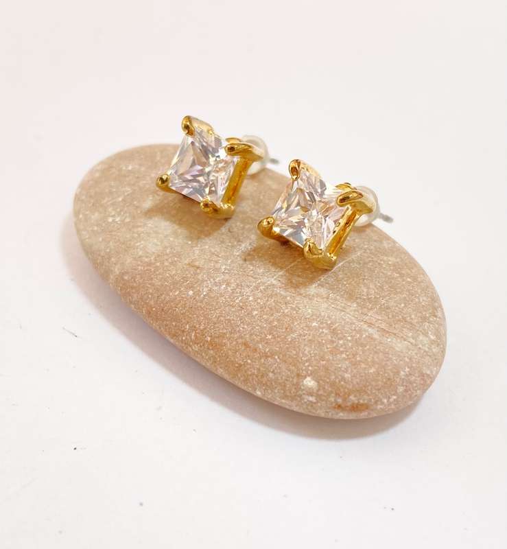 Earrings - Square Shaped Stud With Square Clear Gemstone. Gold Colour #ML1314