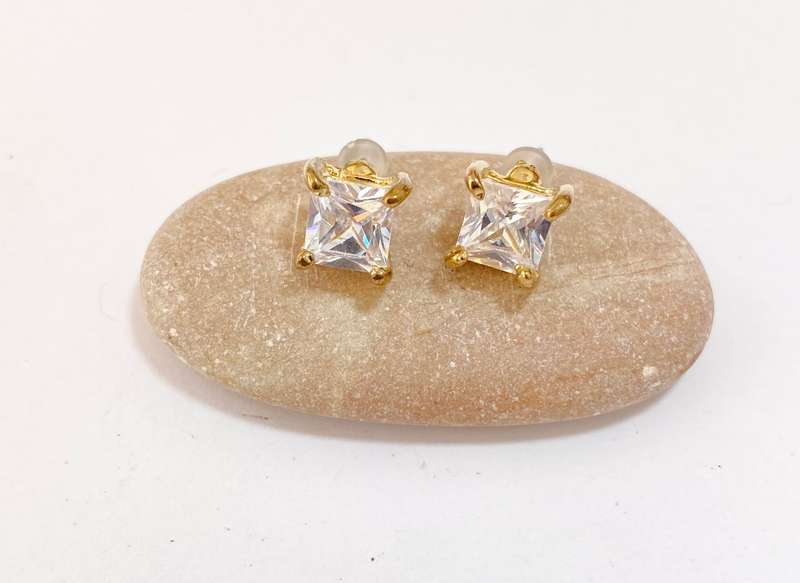 Earrings - Square Shaped Stud With Square Clear Gemstone. Gold Colour #ML1314