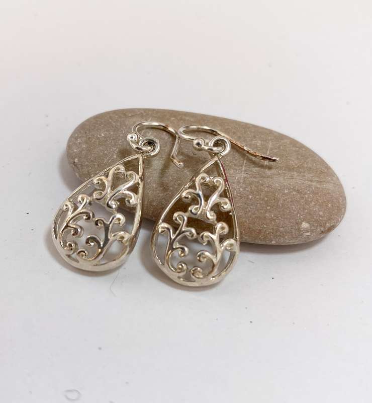 Earrings - Sterling Silver Tear Drops With Twirly Design #ML1315