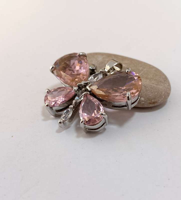 Pendant - Light Rose Gemstone Butterfly & Clear Stones. Silver Colour #ML1317