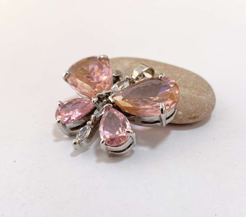 Pendant - Light Rose Gemstone Butterfly & Clear Stones. Silver Colour #ML1317