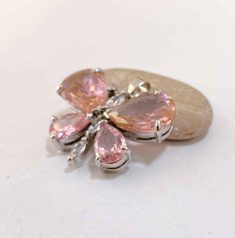 Pendant - Light Rose Gemstone Butterfly & Clear Stones. Silver Colour #ML1317