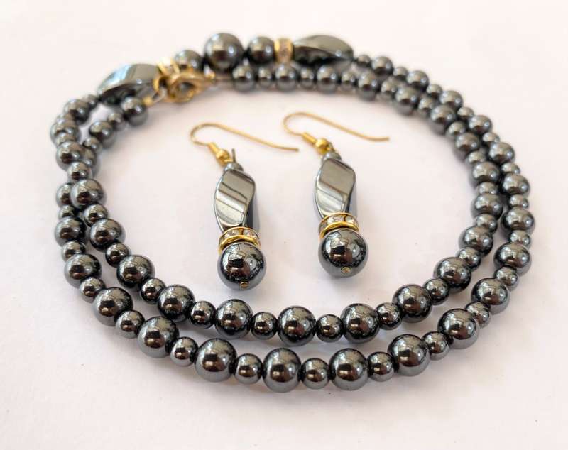 Set - Hematite Necklace and Earring Set. Curved Rectangular shape #ML1322