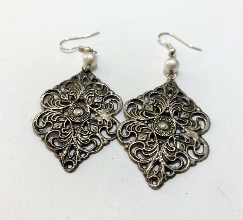 Earrings - Lightweight Metal Earrings With White Plastic Bead Detail. Silver Colour #ML1376