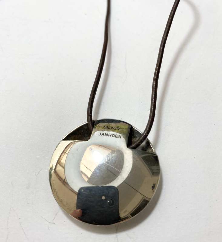 Necklace - Large Round Silver Pendant "Janhoek" on Black Cord #ML1388